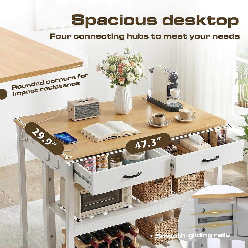 Grepatio Kitchen Island with Power Outlets, 47 Inches Width Kitchen Shelf with Large Worktop, Wooden Island Counter with Shelves, 2 Drawers, and 4 Hooks for Living Room, White and Natural