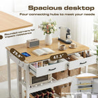 Grepatio Kitchen Island with Power Outlets, 47 Inches Width Kitchen Shelf with Large Worktop, Wooden Island Counter with Shelves, 2 Drawers, and 4 Hooks for Living Room, White and Natural