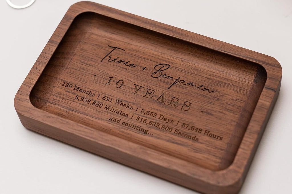 Custom 10th Year Custom Engraved Rec Tray - Custom Engraved Walnut Wooden Tray with Couple’s Names for Tenth Wedding Anniversary, Romantic Keepsake Gift for Him or Her