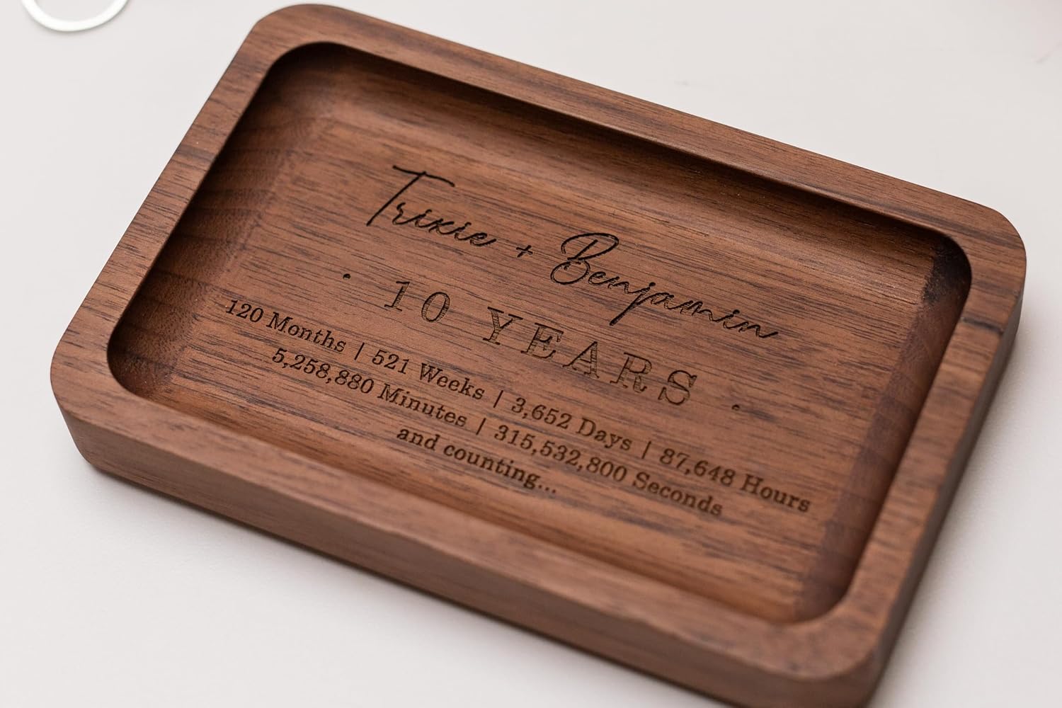 Custom 10th Year Custom Engraved Rec Tray - Custom Engraved Walnut Wooden Tray with Couple’s Names for Tenth Wedding Anniversary, Romantic Keepsake Gift for Him or Her