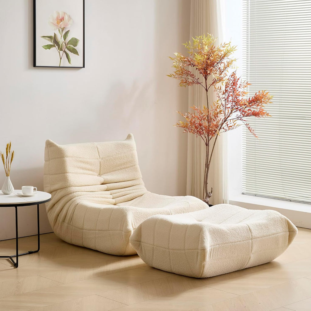 Dineli Bean Bag Chairs for Adults, Beanbag Chair with Ottoman Lounge Sofa Memory Foam Comfy Reading Chair for Bedroom & Living Room, Lazy Floor Sofa Couch (White, with Ottoman)