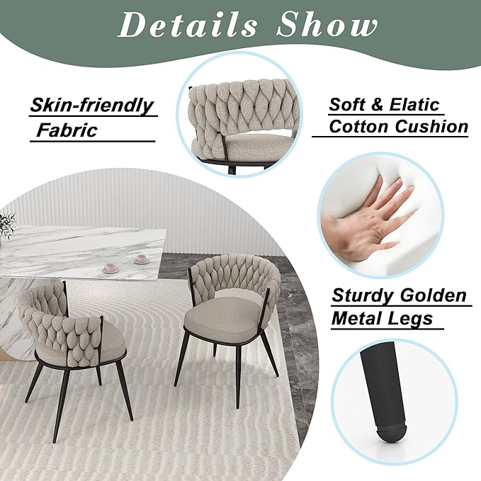 KCC Fabric Dining Chairs Set of 6, Modern Dining Chair with Metal Legs, Woven Upholstered Dining Chairs for Dining Room, Kitchen, Vanity, Living Room (Beige)