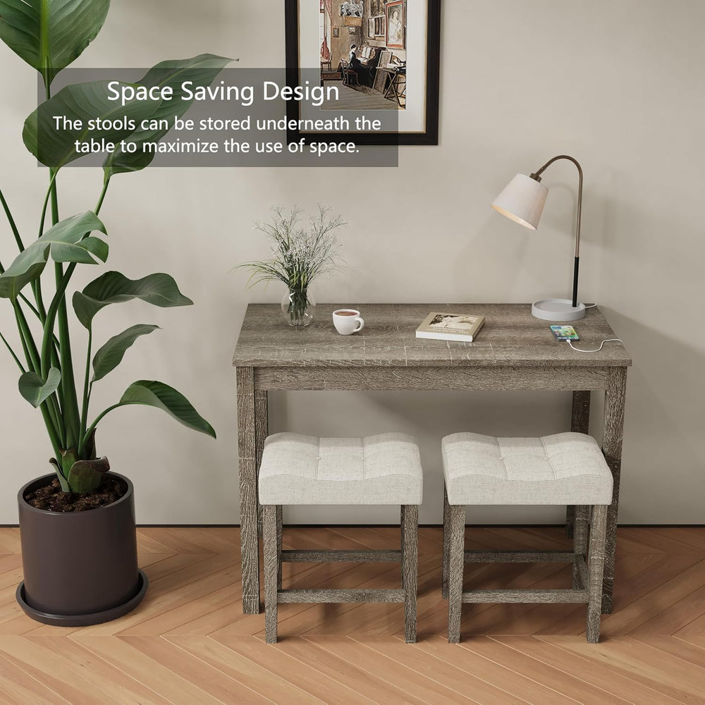 allamazing 3-Piece Counter Height Bar Table Set with Socket and 2 Fabric Padd...