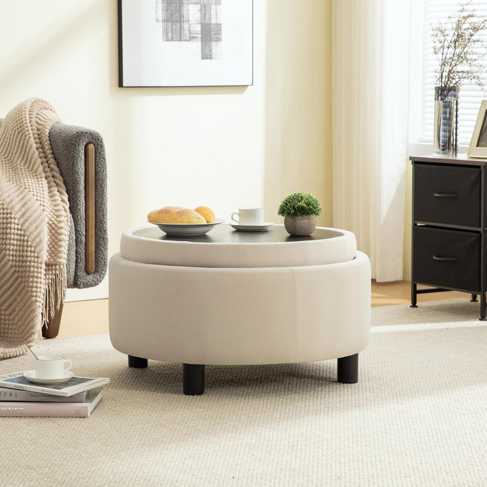 Round Storage Ottoman 29.33" with Reversible Lid - Fleece Fabric Upholst...