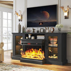 oneinmil 59'' Fireplace TV Stand with 3-Sided Glass, TV Cabinet for TVs up to 65", Modern Media Entertainment Center with Farmhouse Glass Door Storage Cabinets for Living Room, Black