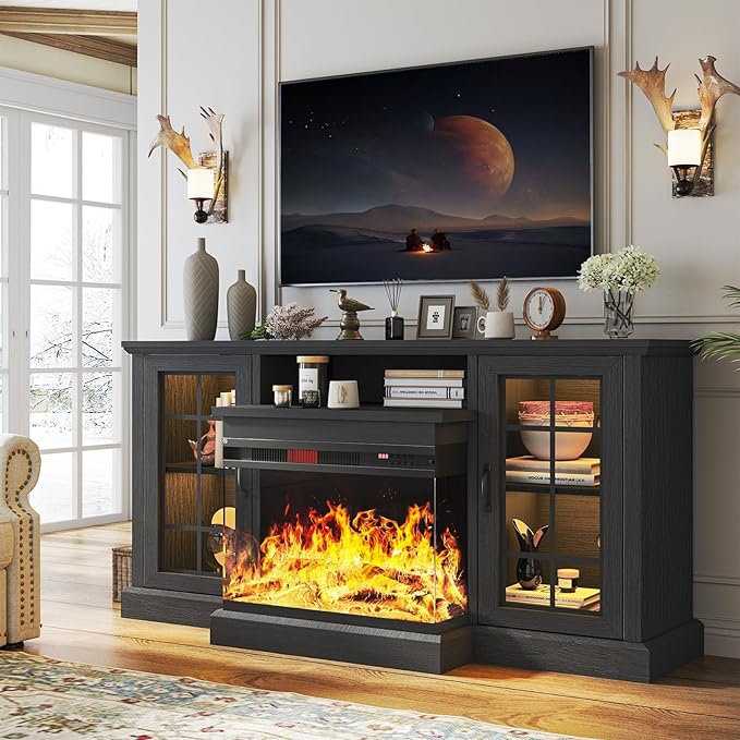 oneinmil 59'' Fireplace TV Stand with 3-Sided Glass, TV Cabinet for TVs up to 65", Modern Media Entertainment Center with Farmhouse Glass Door Storage Cabinets for Living Room, Black