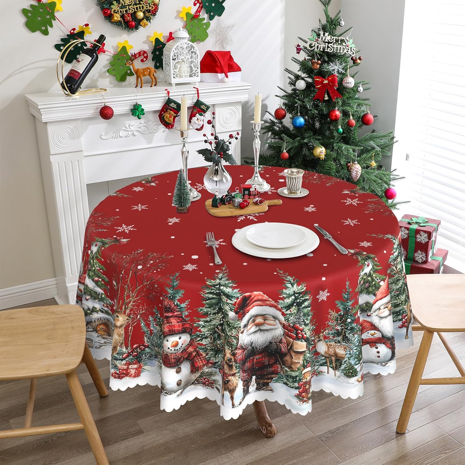 Round Christmas Tablecloth 70 inches - Santa Christmas Decor | Water Resistant Santa and Snowman Table Cloth - Holiday Xmas Decorations for Table, Party