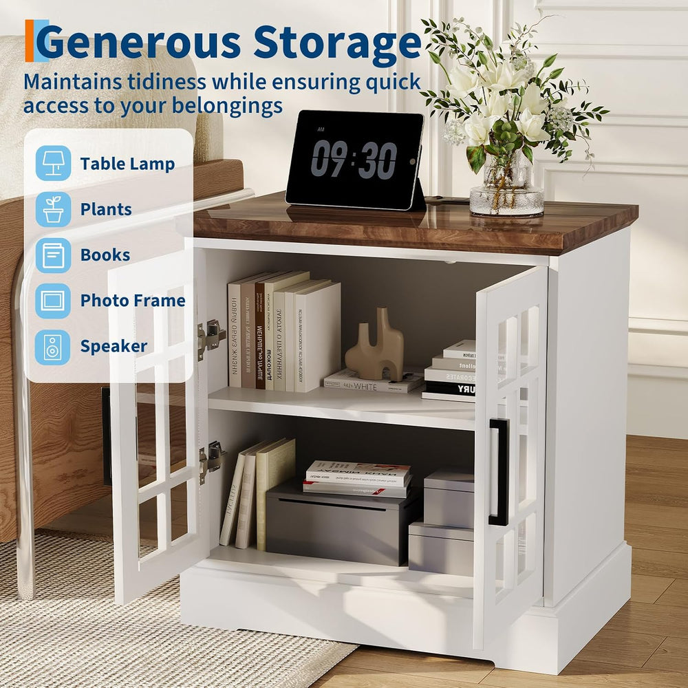 24" Farmhouse Nightstand with Charging Station, End Table with Tempered ...