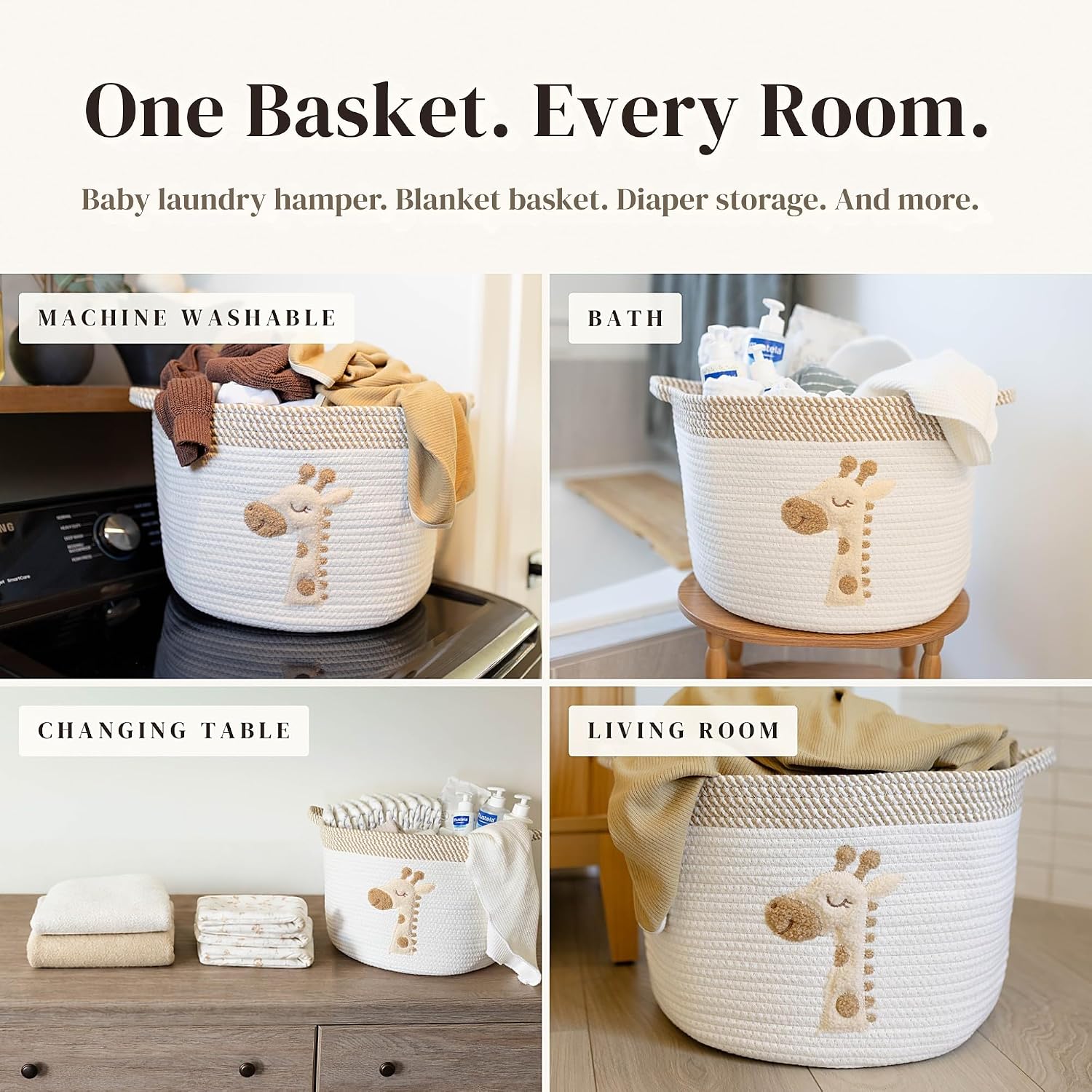 Giraffe Baby Storage Basket, Woven Cotton Rope Nursery Bin, 15x11 in | Stuffed Animal and Blanket Storage, Soft Felt Giraffe Patch, Safari Nursery Decor, Baby Shower, Kids Playroom Organizer