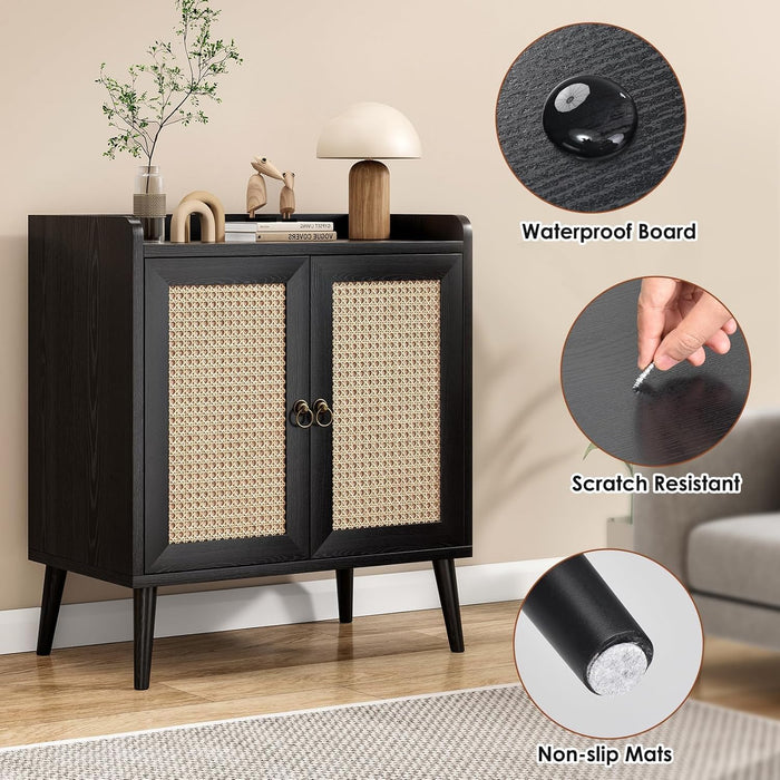 Sideboard Buffet Cabinet with Storage, Rustic Bar Liquor Cabinet with Boho Rattan Decorated Doors, Retro Credenza Console Table for Dining Room Living Room Hallway EntryWay, Black