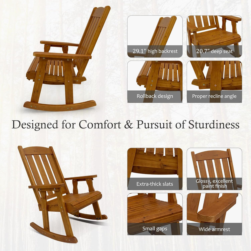 Wooden Patio Rocking Chair with Comfortable Backrest Inclination, High Backre...