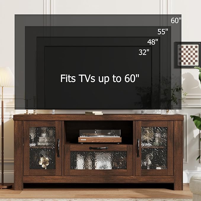 Garvee Farmhouse TV Stand for 55 Inch TV, Entertainment Center with Acrylic Door & Adjustable Shelves, Sideboard Buffet Storage Cabinet for Living Room Bedroom, Rustic Brown