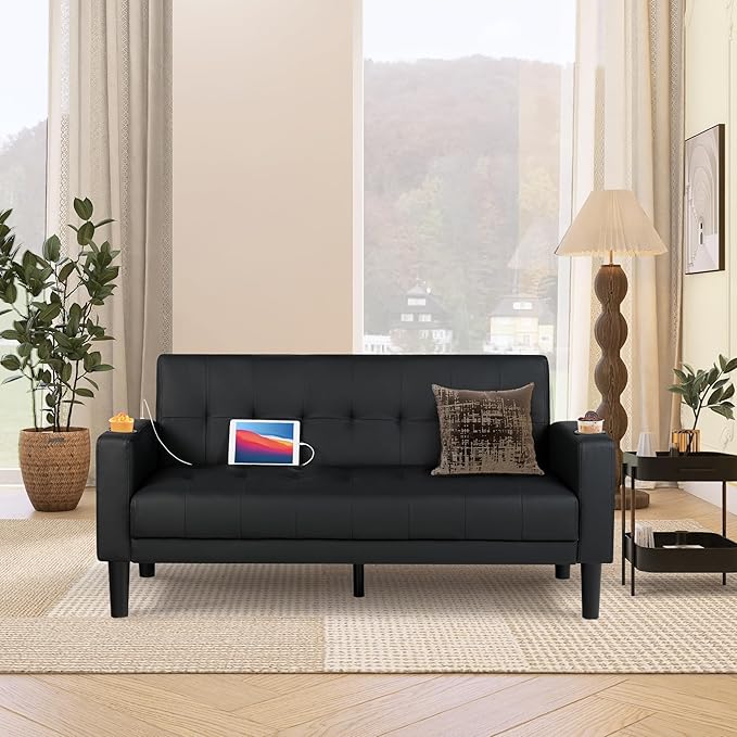 AILEEKISS 62" Loveseat Couches Upholstered Leather Love Seat Sofas Couch with 2 USB, Cup Holders, Side Pocket, Mid-Century Modern Tufted Sofa for Living Room,Office,Bedroom,Apartment (Black, 2-Seat)