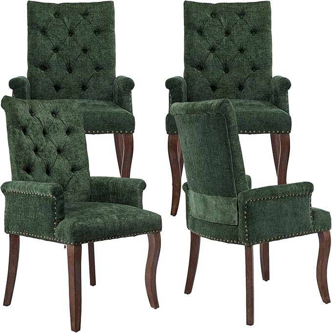 Upholstered Tufted Chenille Dining Chairs with Arms & Nailhead Trim – Solid Wood Frame & Legs, Modern Farmhouse for Dining, Kitchen & Living Room (Set of 4, Olive Green)