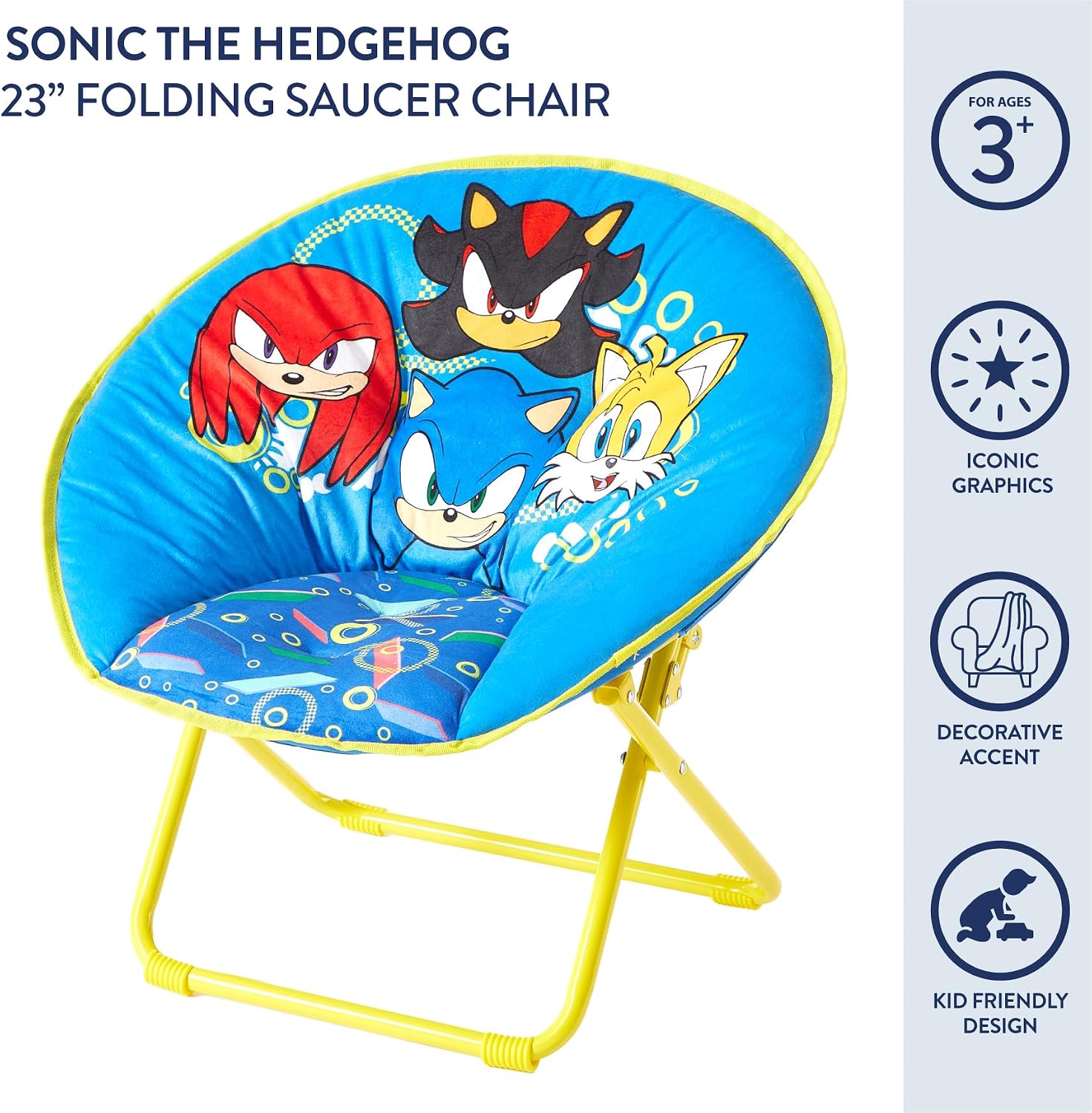 Sega Sonic The Hedgehog 23-Inch Kids Folding Saucer Chair,Portable, Padded Seat with Metal Frame for Kids Ages 3+, Ideal for Bedroom, Playroom, or Gaming Setup