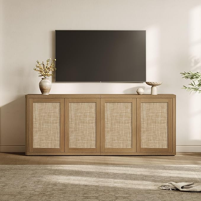 SICOTAS Rattan TV Stand for 65 70 inch TV - Large Entertainment Center TV Consoles for Living Room Bedroom, Farmhouse Television Stands with Storage Cabinet Boho Modular Media Console, Amber Oak