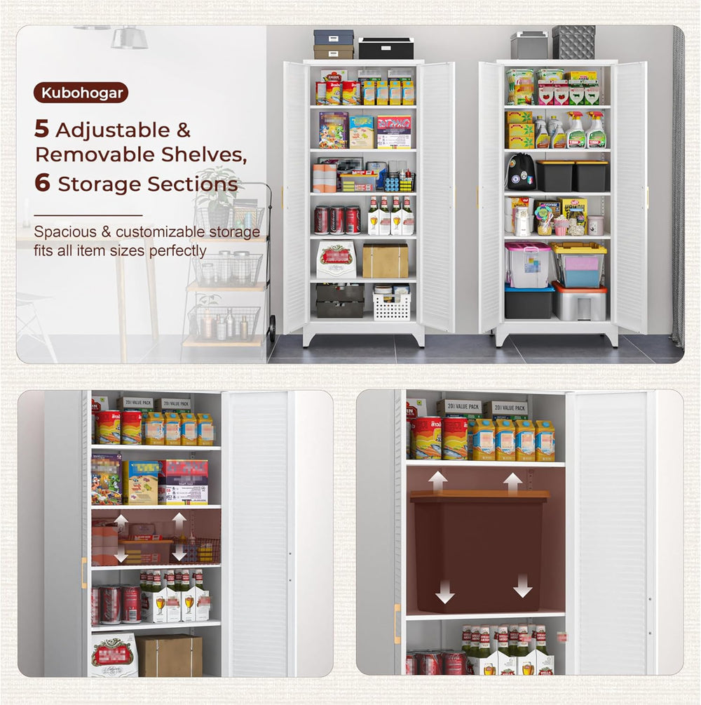 Kitchen Pantry Cabinet, 75" Tall White Metal Storage Cabinet with Doors ...
