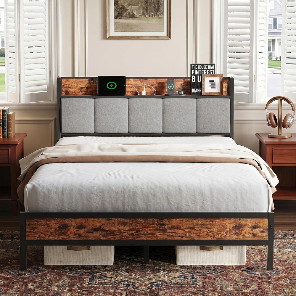 Novilla Queen Bed Frame with Charging Station & Storage Headboard, Modern...