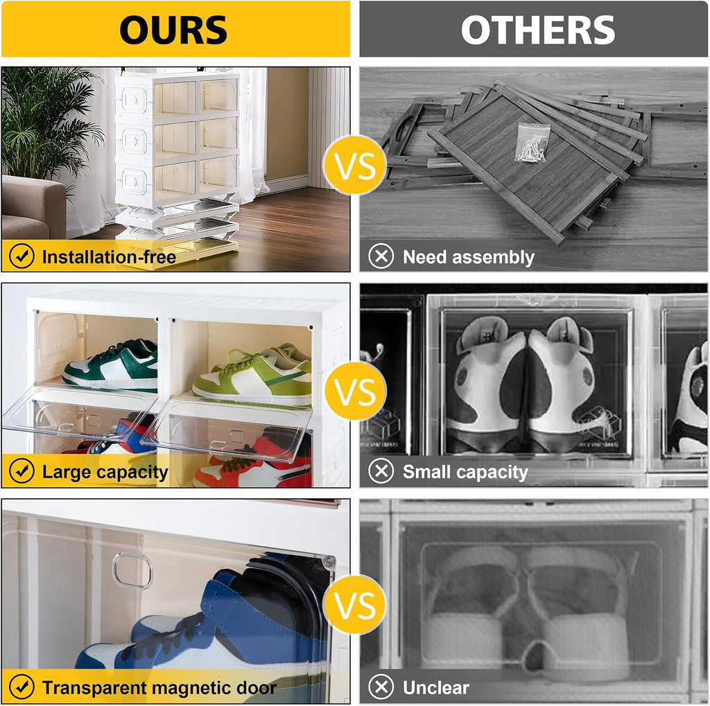 Shoe Box Foldable Storage Box Installation-free Clear Plastic Stackable Shoe Storage Cabinet Shoe Organizer Shoe Container Box with Lids Large Size Shoe Rack (8 Tiers 16 Pairs)