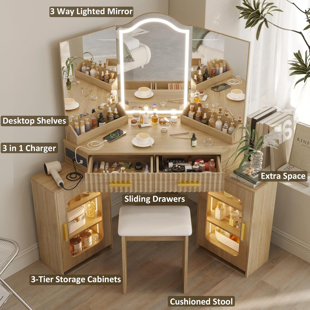 Corner Vanity Desk with 3 Way Mirror & LED Lights, Makeup Table Set with ...
