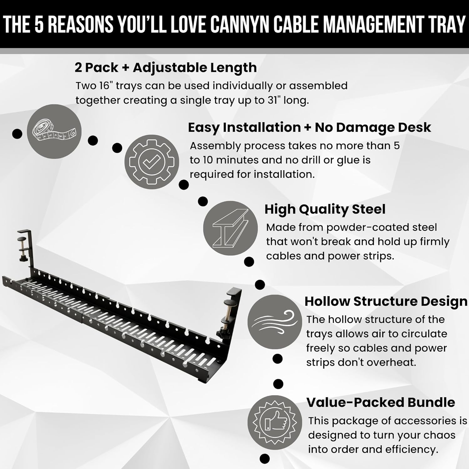 No Drill Under Desk Cable Management Tray - Extendable 16" to 31" Sturdy Steel Desk Cord Hider Raceway - Under Desk Cable Tray Holder with 38 Wire & Cable Rack Organizer Accessories - Black