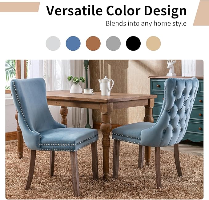 Modern Dining Chairs Set of 8, Upholstered Dining Chair with Full Back and Button Tufting, Blue Velvet Accent Chair, Sillas de Comedor, Kitchen & Dining Room Chairs (Light Blue, Velvet, 8Pcs)