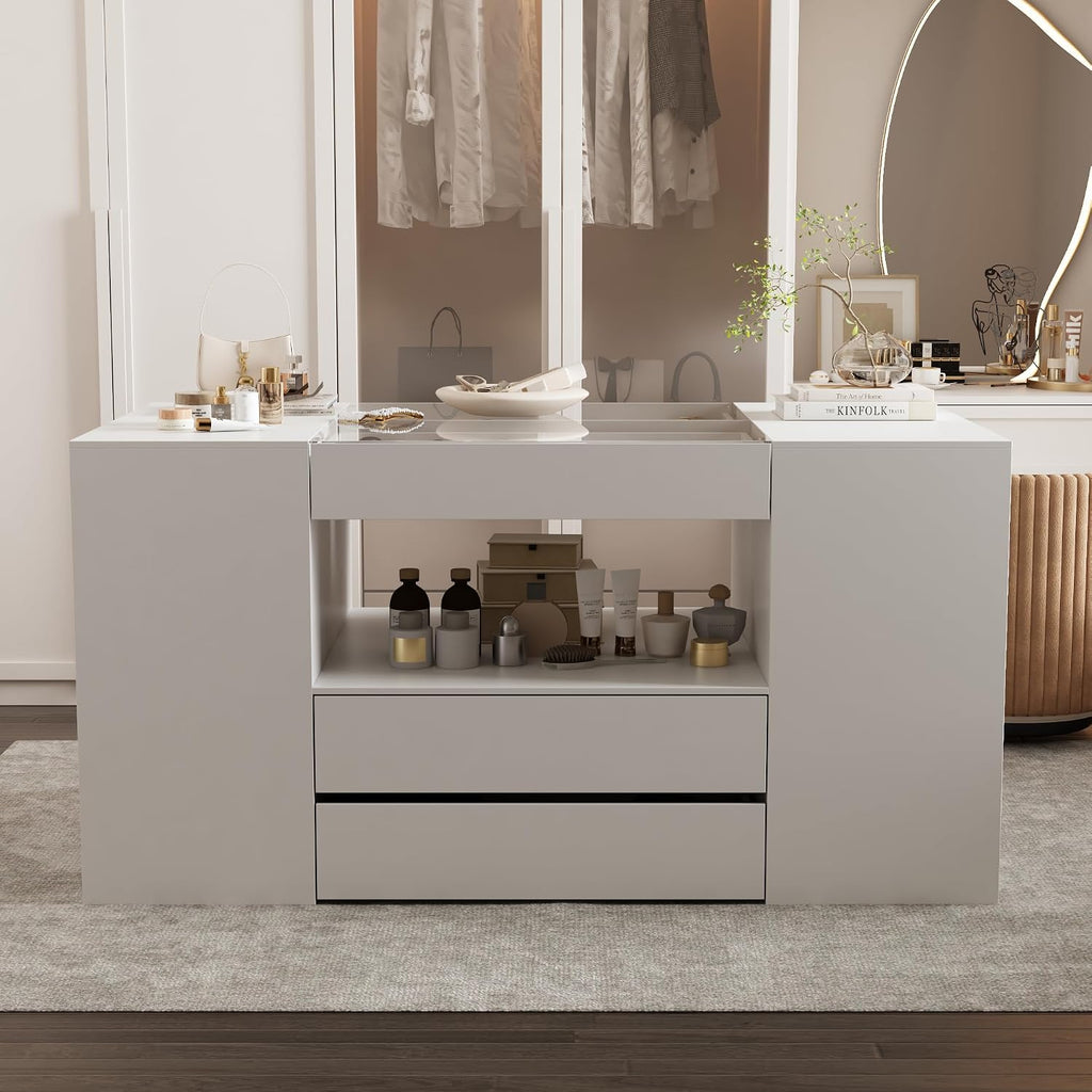AGOTENI 62" W Closet Island with 14 Drawers, Glass Top & Drawer Organizers, Modern Wooden Armoire Wardrobe Storage Island with Open Shelf for Walk-in Closet Bedroom, White