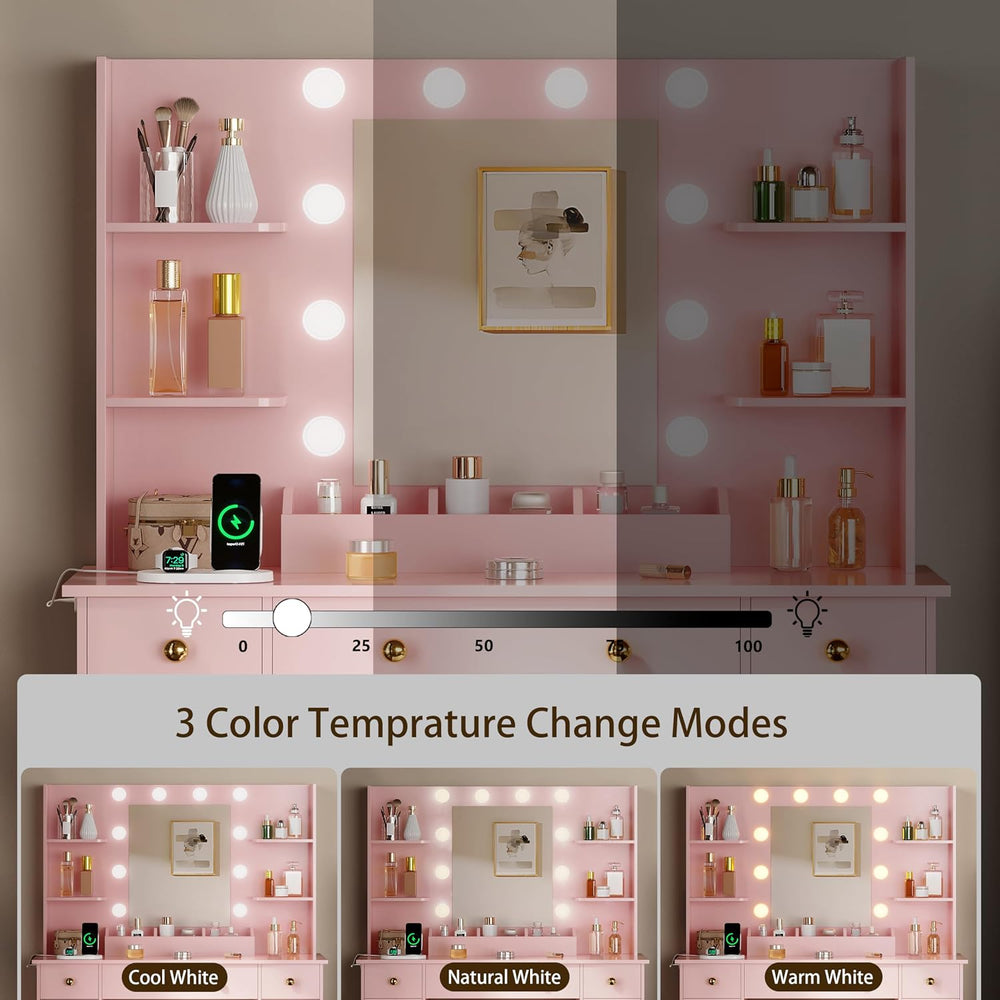 HUANLEGO Vanity Desk with Mirror and Lights, Makeup Vanity with Mirror and LE...