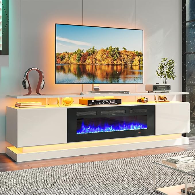 80" Fireplace TV Stand, Modern Entertainment Center for TVs Up to 90", TV Console with Storage Cabinets, Media Console for Living Room, 80IN White TV Stand and 36IN Black Fireplace