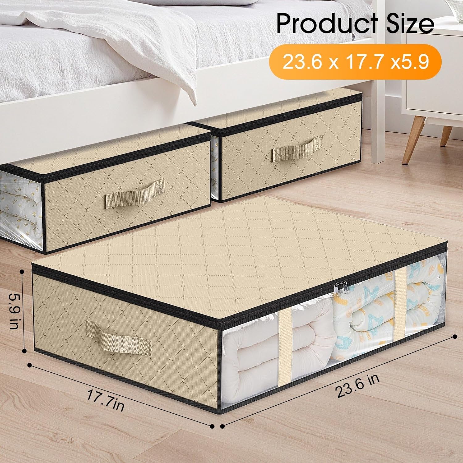 StorageRight Under Bed Storage Bins, 3-Pack 40L Foldable Fabric Storage Bags with Transparent Window, Breathable Organizer for Clothes/Blanket/Comforter/Quilts,Beige