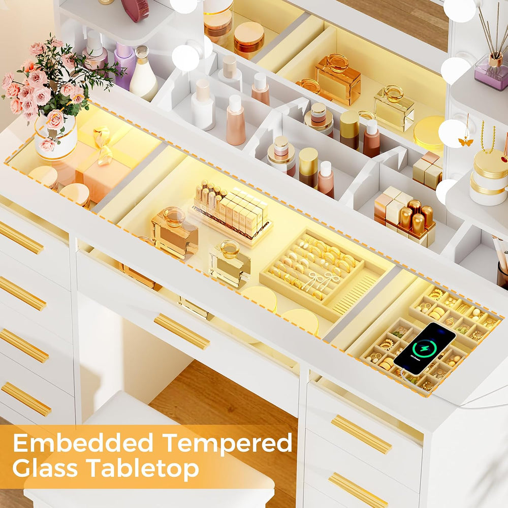 ANWBROAD Large Vanity Desk with Mirror and Lights & Transparent Glass Top...