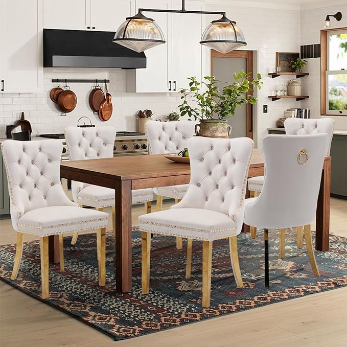 Velvet Upholstered Dining Chairs Set of 8, Modern Style Kitchen Side Chairs with Nailhead Trim and Gold Plated Leg, Metal Pulling Ring for Dining Room Living Room(Beige)