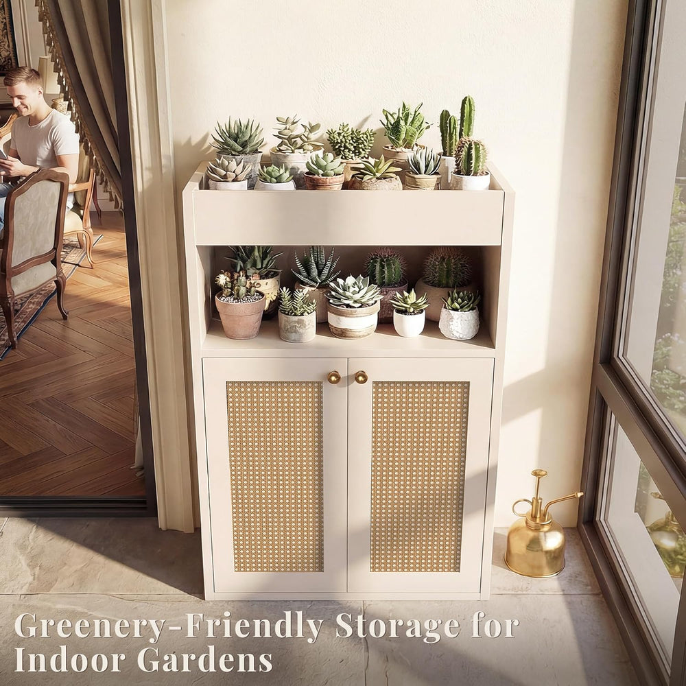 Rattan Bathroom Storage Cabinet, Freestanding Floor Organizer with Anti-Tip D...