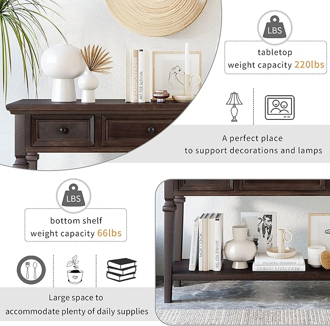 Merax Wood Farmhouse Entry Way Hallway Console Table with Drawers and Bottom Shelf Narrow Long Sideboard for Living Room Bedroom Espresso