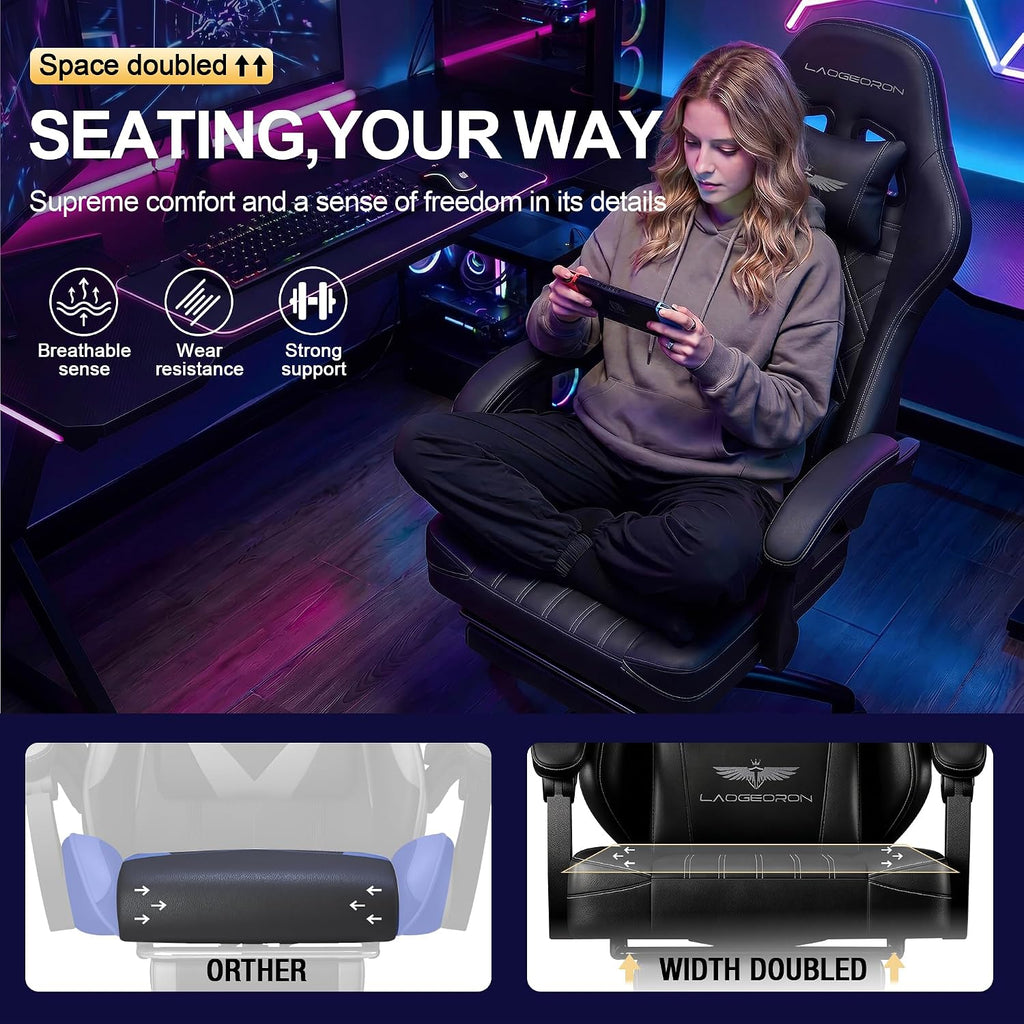 Ergonomic Gaming Chair with Retractable Footrest, High Back Video Game Chairs Computer Gaming Chairs with Headrest and Lumbar Support 400 lbs Linked Armrests Adult Chair (Black)