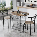 JUMMICO 3-Piece Wooden Round Table & Chair Set, Space Saving Kitchen Breakfast Nook Wood Grain Tabletop with Metal Frame and Built-in Wine Rack for Kitchen, Dining Room (Walnut/Black)