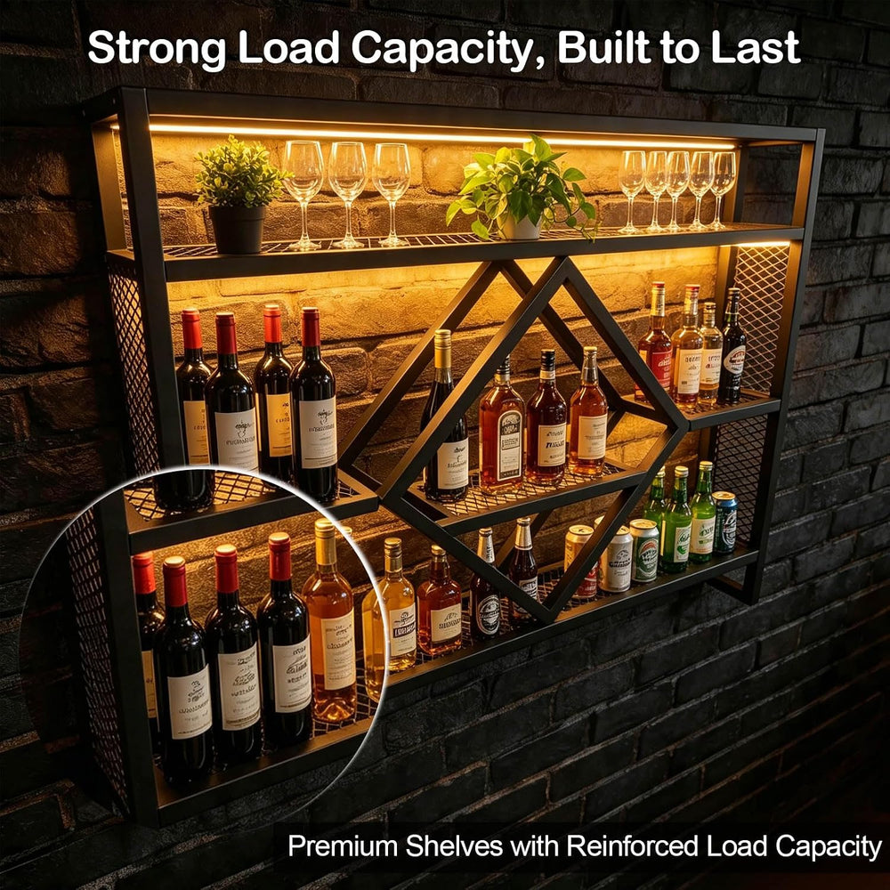 Wall Mounted Wine Rack with LED Light, 39.4in Industrial Metal Wine Bottle Di...