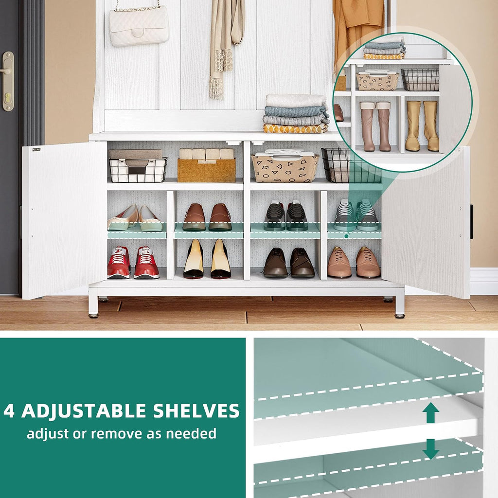 YITAHOME Hall Tree with Shoe Bench for Entryway, 4-in-1 Coat Rack with Bench, Entrance Organizer with Shoe Storage, Hall Tree with Adjustable Shoe Storage and Hanging Hooks, White