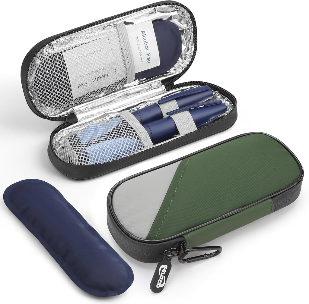 Insulin Travel Case Diabetic with 2 Reusable Ice Packs for Insulin Pen and Other Diabetic Supplies, Insulin Cooler Travel Case for The Daily Life and Trip, Green with Gray