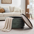 Zihanhome 30" Round Chenille Storage Ottoman Coffee Table with Removable Tray Top, Large Hidden Storage Ottoman, Solid Wood Legs for Living Room, Bedroom, Apartment (Moss Green)