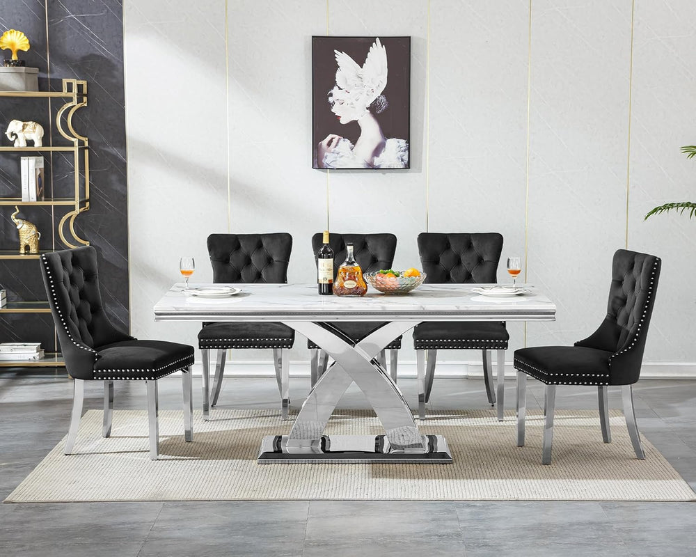 7 Piece Dining Table Set with Chairs, Faux Marble Dining Table and Black Chai...