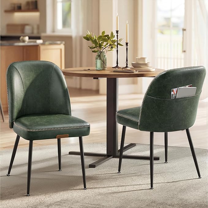 VASAGLE EKHO Collection - Dining Chairs Set of 2, Upholstered Kitchen Chairs, Comfortable Seat, Synthetic Leather with Stitching, Mid-Century Modern, Easy Assembly, with Storage Pocket, Forest Green