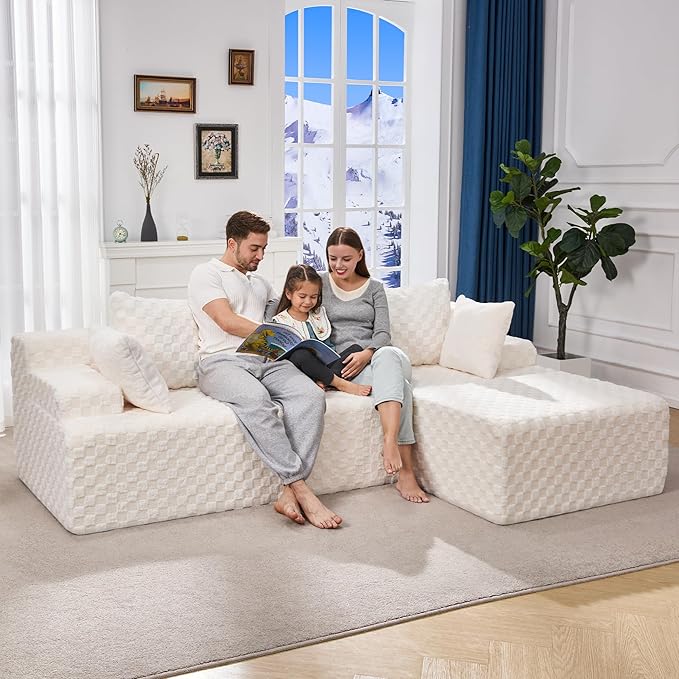 Hobestluk Modular Sectional Sofa Couches L-Shape Couch 3 Seat Modular Sofa Memory Foam Sectional Couches for Living Room, Cloud Couch with Oversized Chaise (96" Right Facing Chaise)