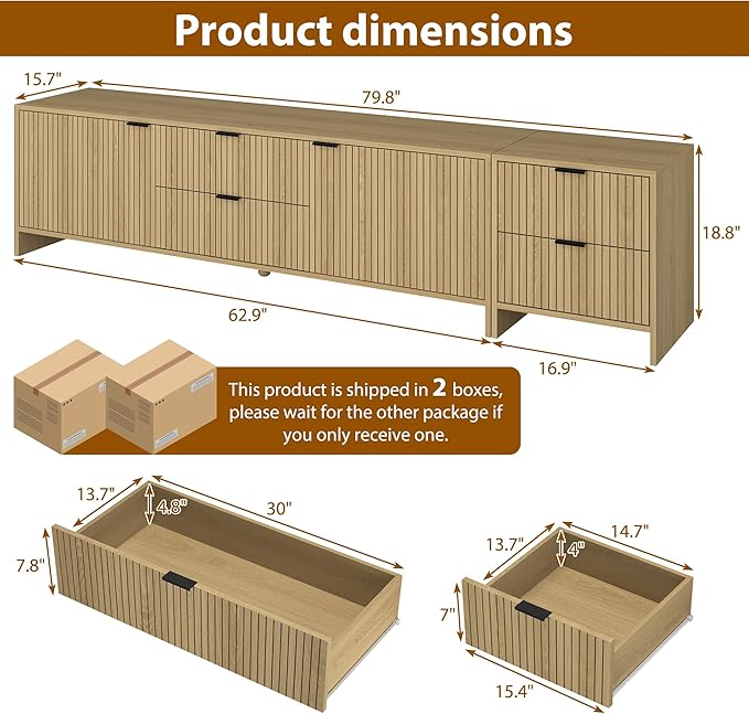Fluted TV Stand for TVs up to 85",Modern TV Console with 4 Drawers,Wood Entertainment Center with Adjustable Shelves & Storage Cabinets for Living Room,Natural Oak