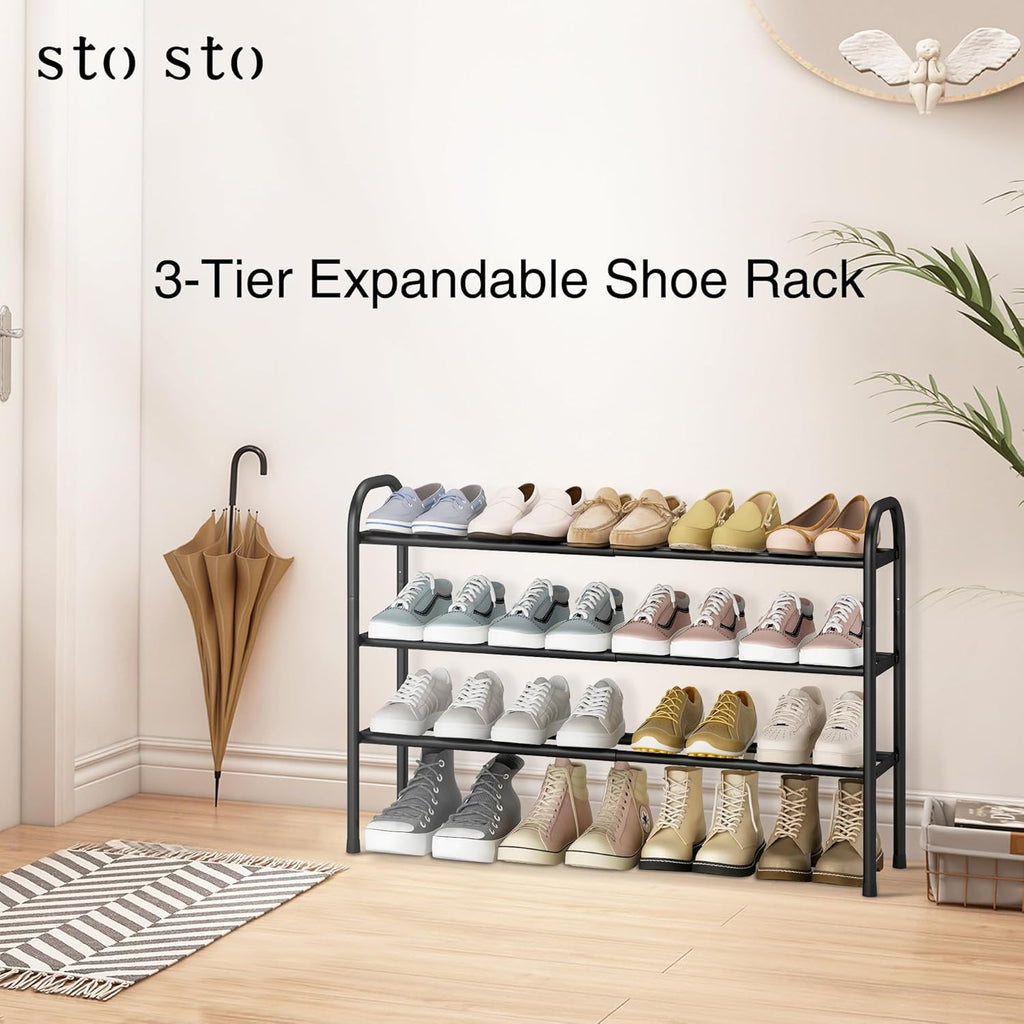 STO STO Expandable Shoe Rack, 3-Tier Metal Small Shoe Rack for Closet, Up to 16 Pairs Adjustable Shoe Racks Storage for Front Door Entrance, Free Standing Shoe Rack Organizer for Entryway, Black