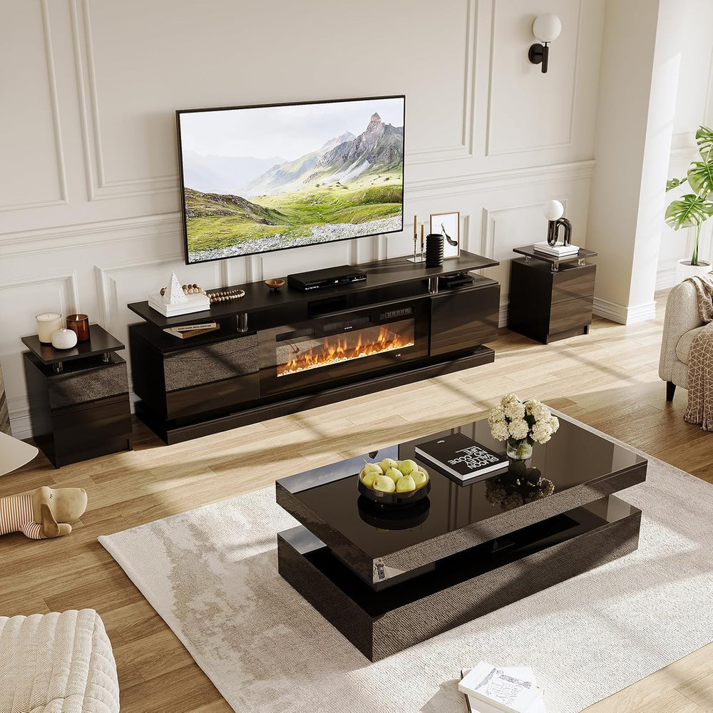 4-Piece Modern Living Room Table Set, Black | Includes High Gloss 70" Fi...