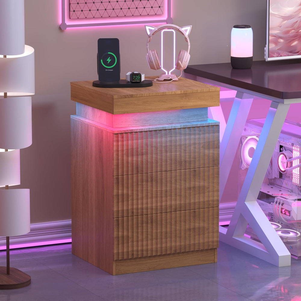 Nightstand Set of 2 for Bedroom, LED Nightstand with 3 Drawers and Charging S...