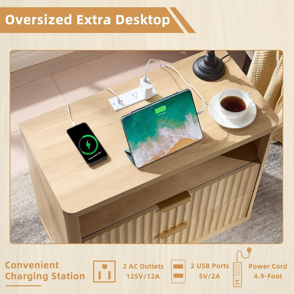 LEYAOYAO 31" Wide Fluted Nightstand Set of 2 with Charging Station, Oversized Extra Large 2 Drawers Night Stand,Natural Wood Bedside Table,Tall End Tables,Modern Chest of Drawers Dressers for Bedroom