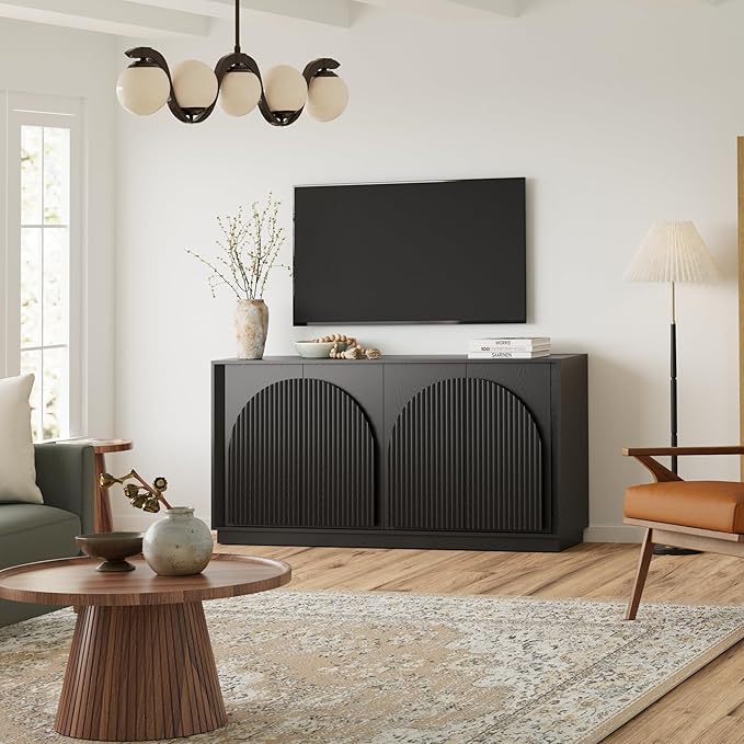 WIN2WIN 65" Fluted Sideboard Buffet Cabinet with Storage, Modern Credenza with Double-Layered Arch Doors, Wood TV Media Console Table Accent Cabinet for Living Room Dining Room Hallway Entryway, Black