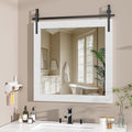 Hasipu Farmhouse Bathroom Mirror, 31"x31" Rustic Wood Framed Wall Mounted Mirror, White Vintage Vanity Mirror Barn Door Style Decrative Mirrors